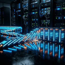 Row of glowing server nodes labeled NODE 34 and 35 falling in domino effect with sparks in a dark server room