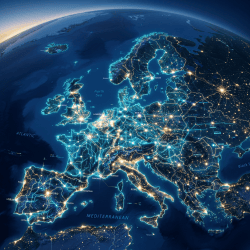 Map of Europe at night highlighting major cities and glowing network connections