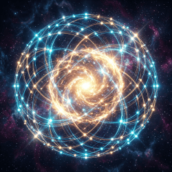 Bright atomic structure with glowing orange and blue particle orbitals in a cosmic background